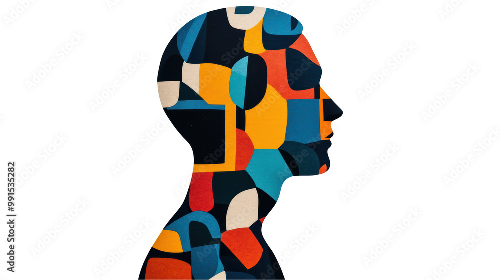Poster abstract geometric silhouette of a human profile with colorful shapes and patterns, creating a bold 