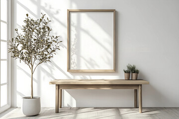 Mock up frame white home interior background, minimal decor white room with natural wooden table and decor, 3d render