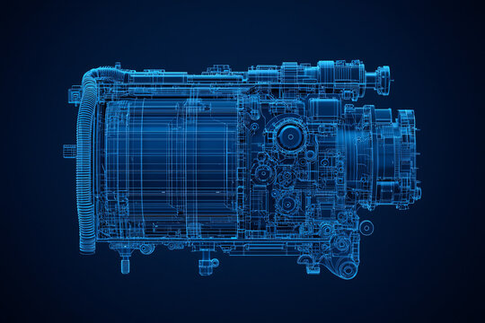 Stylized Xray imaging of a complex mechanical engine, showing every internal component, technology diagnostics, machine analysis