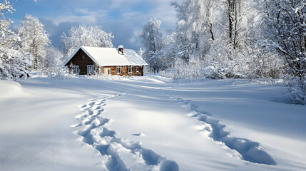 Winter landscape with a house and deep snow footprints