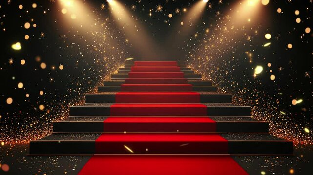 Stage podium with red carpet on stairs, golden spotlight and sparkles on dark background. 3d vector theatre show and award ceremony concept. Staircase pedestal for presentation and goods promotion