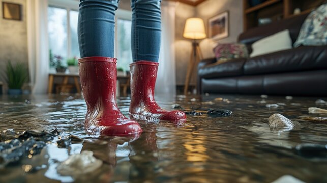 A person wears red rubber boots while standing in a flooded living room