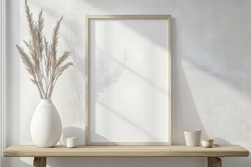 Mock up frame white home interior background, minimal decor white room with natural wooden table and decor, 3d render