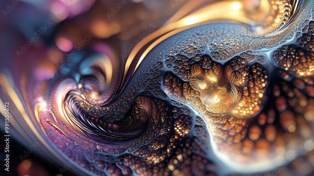 Poster fractal patterns twisting in metallic hues