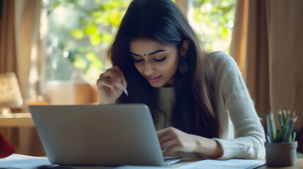 Young adult indian student woman taking notes while using laptop computer at home. Millennial ethnic female learning online listening virtual video call. Business and education concept