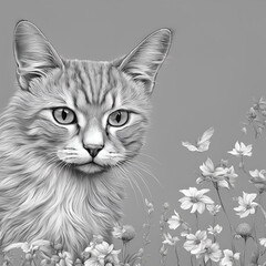 A detailed monochrome illustration of a cat with soft fur, surrounded by delicate flowers and butterflies. The serene, nature-inspired composition highlights elegance and tranquility.