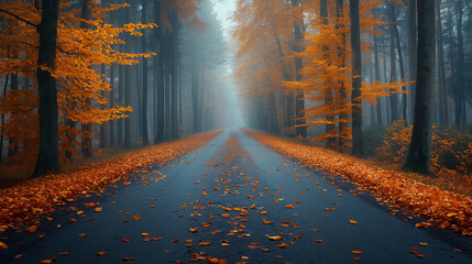 Fototapeta premium Autumn Forest and Road Going into the Distance