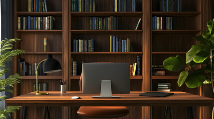 A zoom virtual background of office room with bookcase professional remote work setup.AI