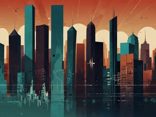Abstract city illustration featuring a medical symbol.