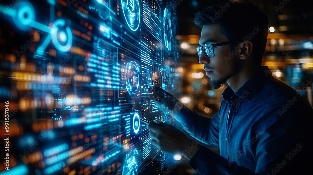 Leinwandbilder Business and technology software development IoT concept Double exposure man programmer software developer working on digital tablet and smart city with binary html computer code on sc : Generative AI