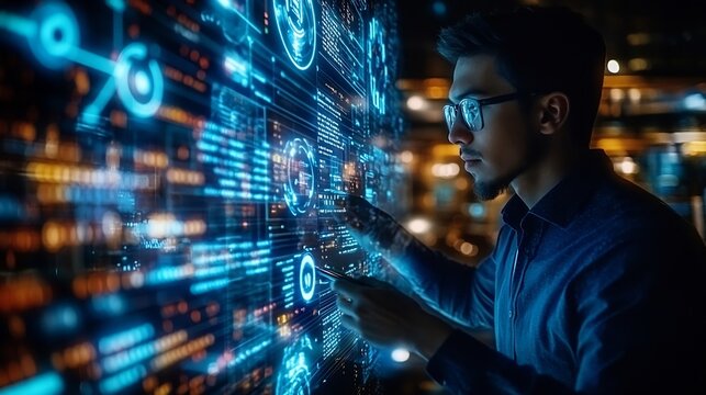 Business and technology software development IoT concept Double exposure man programmer software developer working on digital tablet and smart city with binary html computer code on sc : Generative AI