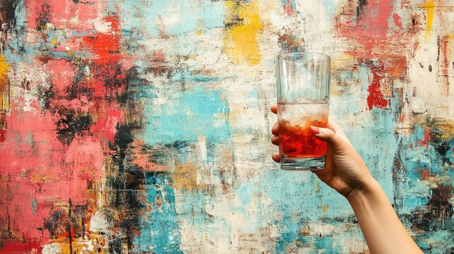 A hand holds a cocktail glass, poised to savor creativity in a lively gallery atmosphere