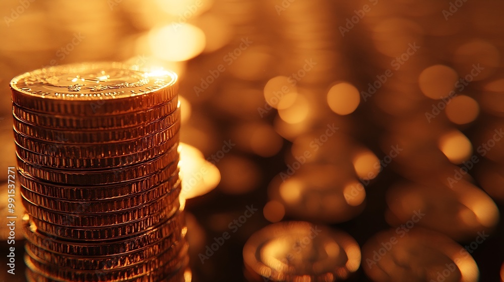 Aufkleber rows of coins and blurred bokeh for finance and banking concept : generative ai