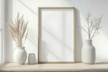 Mock up frame white home interior background, minimal decor white room with natural wooden table and decor, 3d render