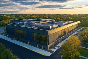 Photorealistic modern data center viewed from above