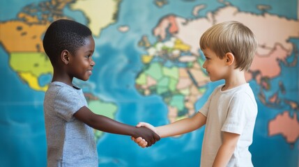 Two young boys of different ethnicities shaking hands in front of a world map.  Concept of diversity, friendship, and global community