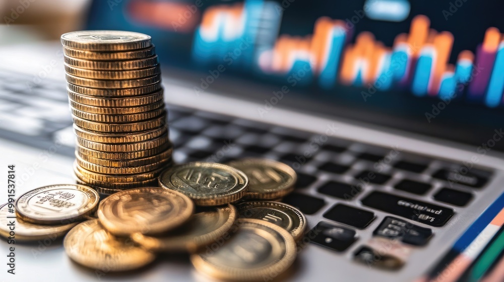 Poster a stack of coins and cash next to a laptop showing a banking app interface, with bar charts and tran