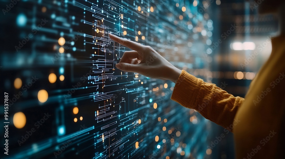 Fototapete Big data digital technology concept Software engineer touching on virtual internet network connection with data center network server innovative futuristic technology background data m : Generative AI