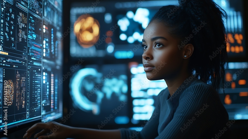 Poster Black woman working in office and futuristic graphical user interface concept ICT Information Communication Technology System engineering : Generative AI