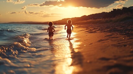 Fototapeta premium Two children running toward the water at a beach at dusk : Generative AI