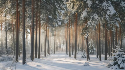 Serene Winter Forest with Snow-Covered Pine Trees and Sunlight