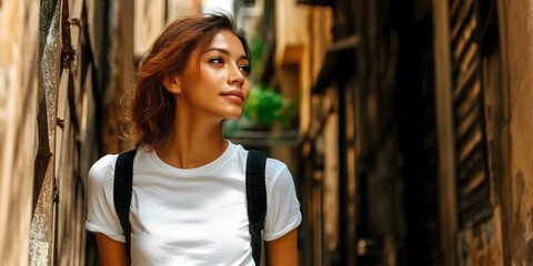 Naklejka premium A woman stands in admiration of the charming scenery as she explores an old town, capturing the essence of adventure and discovery during her world travels.