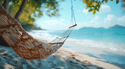 Tropical beach background as summer relax landscape with beach swing or hammock and white sand and calm sea for beach template Amazing beach scene vacation and summer holiday concept L : Generative AI