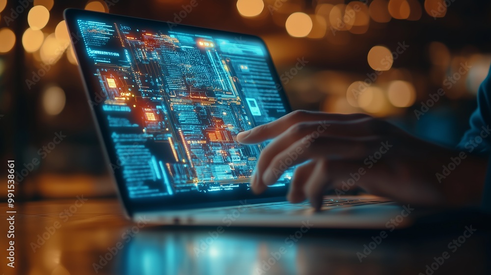 Poster A person engages with a laptop displaying complex data visualizations and programming interfaces in a modern, ambient setting at night