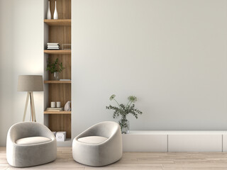 Modern interior space featuring two cozy chairs, a minimalist shelf with decor items, and a light, airy atmosphere. 3D rendering
