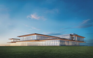 Fototapeta premium Modern office building exterior. Contemporary business structure with glass facade and wooden accents. Located on a grassy field, the design emphasizes openness and innovation.