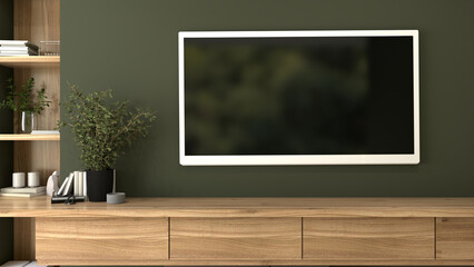 Modern living room interior with a green wall, wooden cabinet, and blank TV screen. 3D rendering