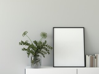 Stylish interior featuring a blank frame and a vase with greenery on a white shelf against a muted wall background. 3D rendering