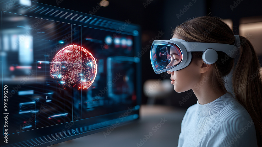 Poster a student wearing virtual reality headset engages with digital interface displaying glowing, interco