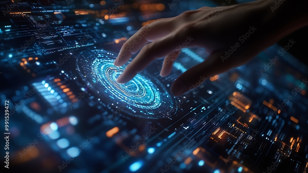 Aufkleber AI Machine learning Hands of robot and human touching big data of Global network connection Internet and digital technology Science and artificial intelligence digital technologies of  : Generative AI