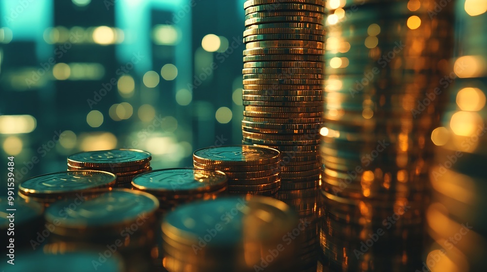 Poster Double exposure of city graph rows of coins and blank space for finance and business concept : Generative AI