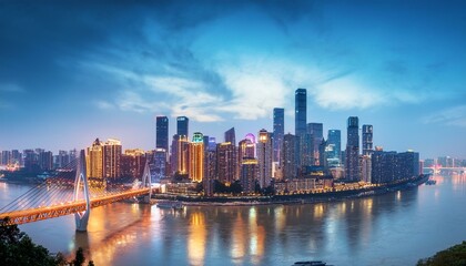 Panoramic skyline and modern commercial buildings in Chongqing at night, China.