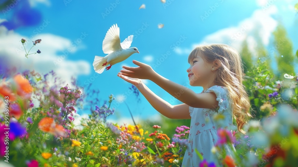 Wall mural little girl in a field of flowers reaching out to a white dove, symbolizing peace and freedom