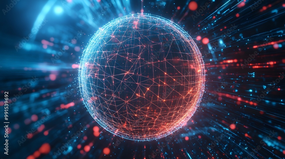 Poster a glowing red and blue sphere with connected lines and dots