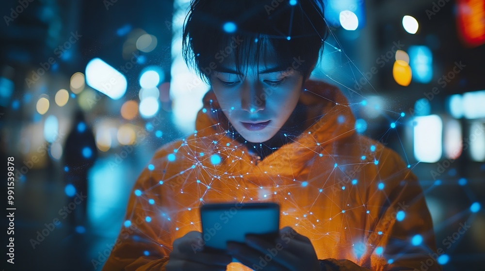 Aufkleber Man using mobile smart phone with global network connection Technology innovative and communication concept : Generative AI