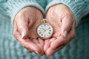 Close-up of elderly hands holding an antique pocket watch, symbolizing the passage of time and generational legacy