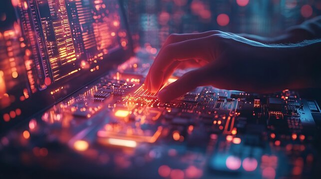 Digital technology software development concept Coding programmer software engineer working on laptop with circuit board and javascript on virtual screen internet of things IoT : Generative AI