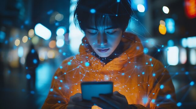 Man using mobile smart phone with global network connection Technology innovative and communication concept : Generative AI