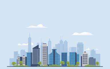 Fototapeta premium City skyline illustration. Modern urban landscape illustration, featuring tall skyscrapers, a blue sky, and a few white clouds.