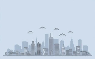 Obraz premium Cityscape outline. Minimalist city skyline illustration, featuring a tall building and cloud elements.