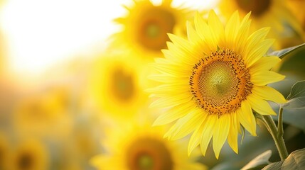 Obraz premium Close-up of sunflowers in a field with a clean, soft-focus background, leaving plenty of space on the right for copy or advertising.