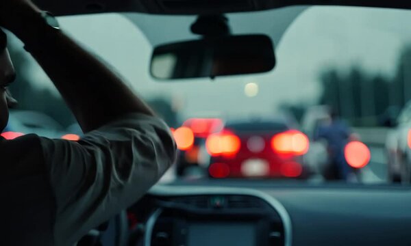 a driver in car is frustrated while stuck in traffic jam. the man is really upset. blurry background