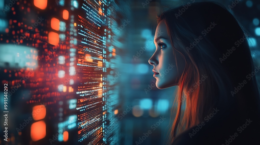 Aufkleber Computer code hologram and woman thinking of data analytics information technology or software overlay at night Laptop solution and IT people with algorithm statistics and cybersecurit : Generative AI