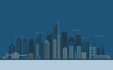 Skyline cityscape illustration. Modern minimalist skyline with tall buildings and clouds. Perfect for urban design concepts, real estate, and city branding.