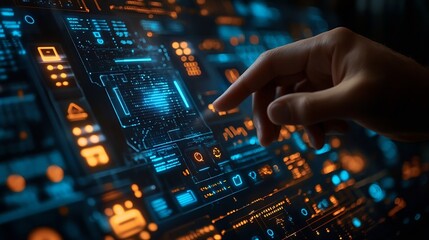 Obraz premium Digital information technology concept Businessman touching artificial intelligence screen : Generative AI