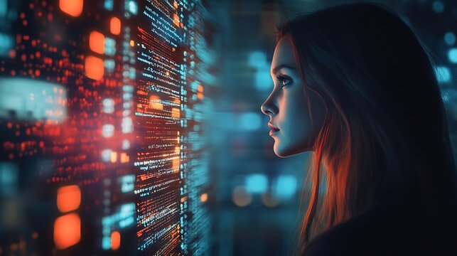 Computer code hologram and woman thinking of data analytics information technology or software overlay at night Laptop solution and IT people with algorithm statistics and cybersecurit : Generative AI